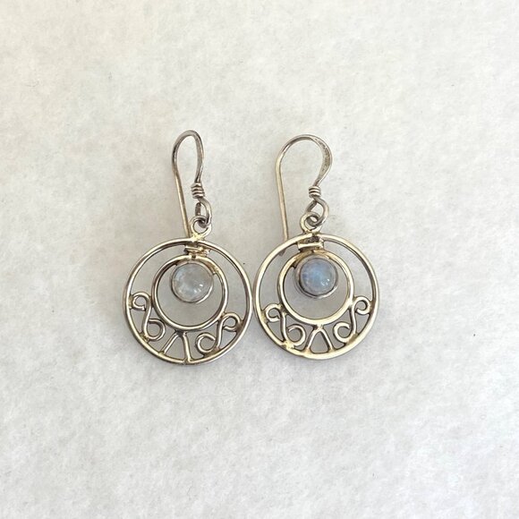 Sterling Silver 925 Round Moonstone Cabochon Round Scrollwork Dangle Earrings - Picture 16 of 16